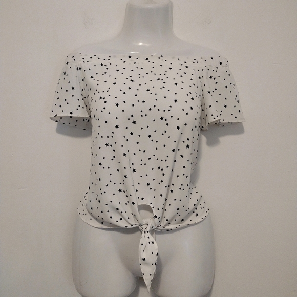 Shinestar - Star Print Off Shoulder Top - Picture 12 of 12